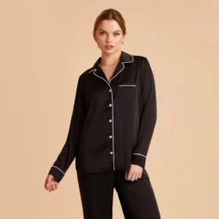 Jonny Long Sleeves And Pants Satin PJ Set - Black 27 Jonny Long Sleeves And Pants Satin PJ Set - Black -US Skirt Sales 2024 black jonny satin long sleeve top bridesmaid pajamas 04