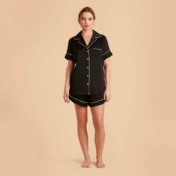 Jonny Satin Pajama Set - Black -US Skirt Sales 2024 black jonny satin short sleeve pajama top and shorts bridesmaid pajamas 01