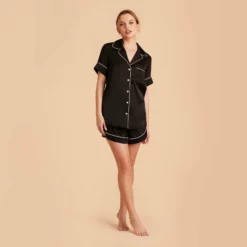 Jonny Satin Pajama Set - Black -US Skirt Sales 2024 black jonny satin short sleeve pajama top and shorts bridesmaid pajamas 04