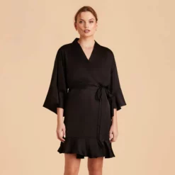 Kenny Ruffle Satin Robe - Black -US Skirt Sales 2024 black kenny satin ruffle bridesmaid robes 01