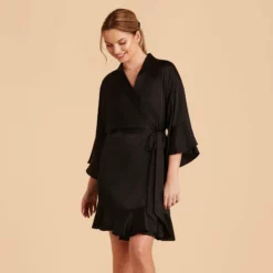 Kenny Ruffle Satin Robe - Black -US Skirt Sales 2024 black kenny satin ruffle bridesmaid robes 02