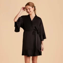 Kenny Ruffle Satin Robe - Black -US Skirt Sales 2024 black kenny satin ruffle bridesmaid robes 05