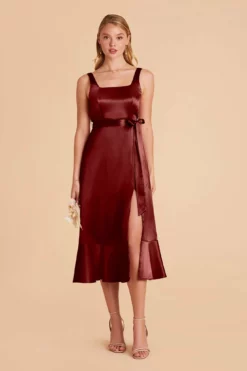 Eugenia Shiny Satin Convertible Midi Dress - Cabernet -US Skirt Sales 2024 cabernet eugenia convertible satin bridesmaid dress 03