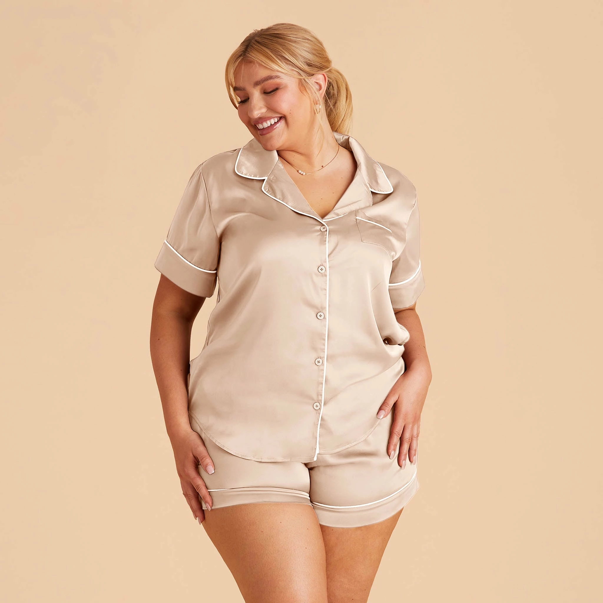 Jonny Satin Short Sleeve Pajama Top - Champagne - Image 2