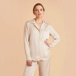 Jonny Long Sleeves And Pants Satin PJ Set - Champagne -US Skirt Sales 2024 champagne jonny satin long sleeve top bridesmaid pajamas 01