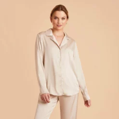 Jonny Long Sleeves And Pants Satin PJ Set - Champagne -US Skirt Sales 2024 champagne jonny satin long sleeve top bridesmaid pajamas 02