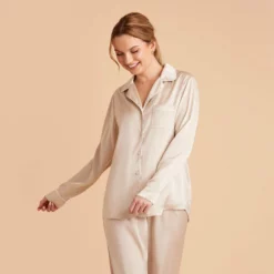 Jonny Long Sleeves And Pants Satin PJ Set - Champagne -US Skirt Sales 2024 champagne jonny satin long sleeve top bridesmaid pajamas 03