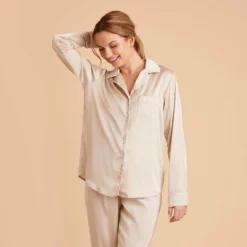 Jonny Long Sleeves And Pants Satin PJ Set - Champagne -US Skirt Sales 2024 champagne jonny satin long sleeve top bridesmaid pajamas 05