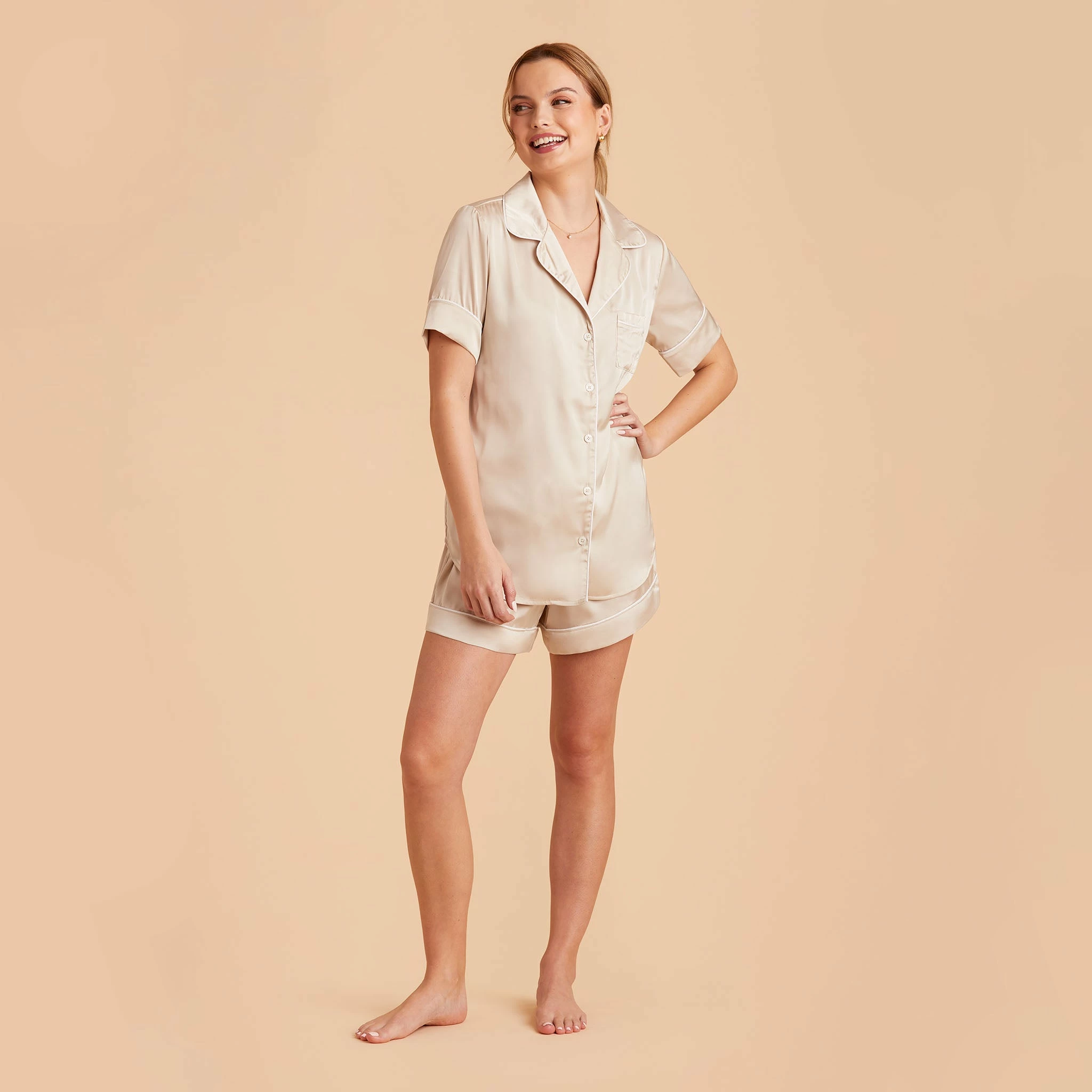 Jonny Satin Short Sleeve Pajama Top - Champagne - Image 12