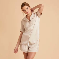 Jonny Satin Short Sleeve Pajama Top - Champagne -US Skirt Sales 2024 champagne jonny satin short sleeve top bridesmaid pajamas 02