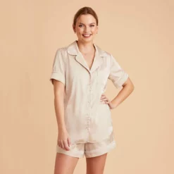 Jonny Satin Short Sleeve Pajama Top - Champagne -US Skirt Sales 2024 champagne jonny satin short sleeve top bridesmaid pajamas 05
