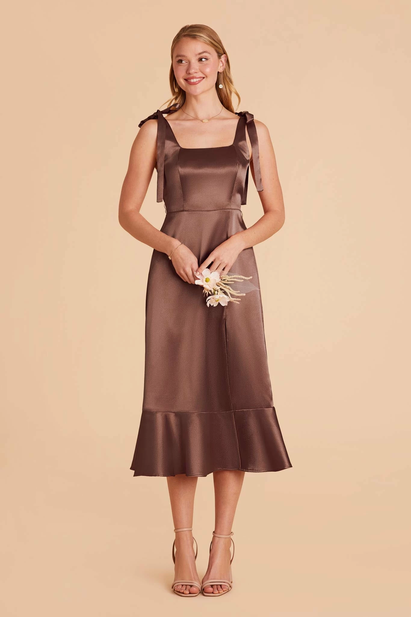 Eugenia Shiny Satin Convertible Midi Dress - Chocolate Brown 4 Eugenia Shiny Satin Convertible Midi Dress - Chocolate Brown - Image 4
