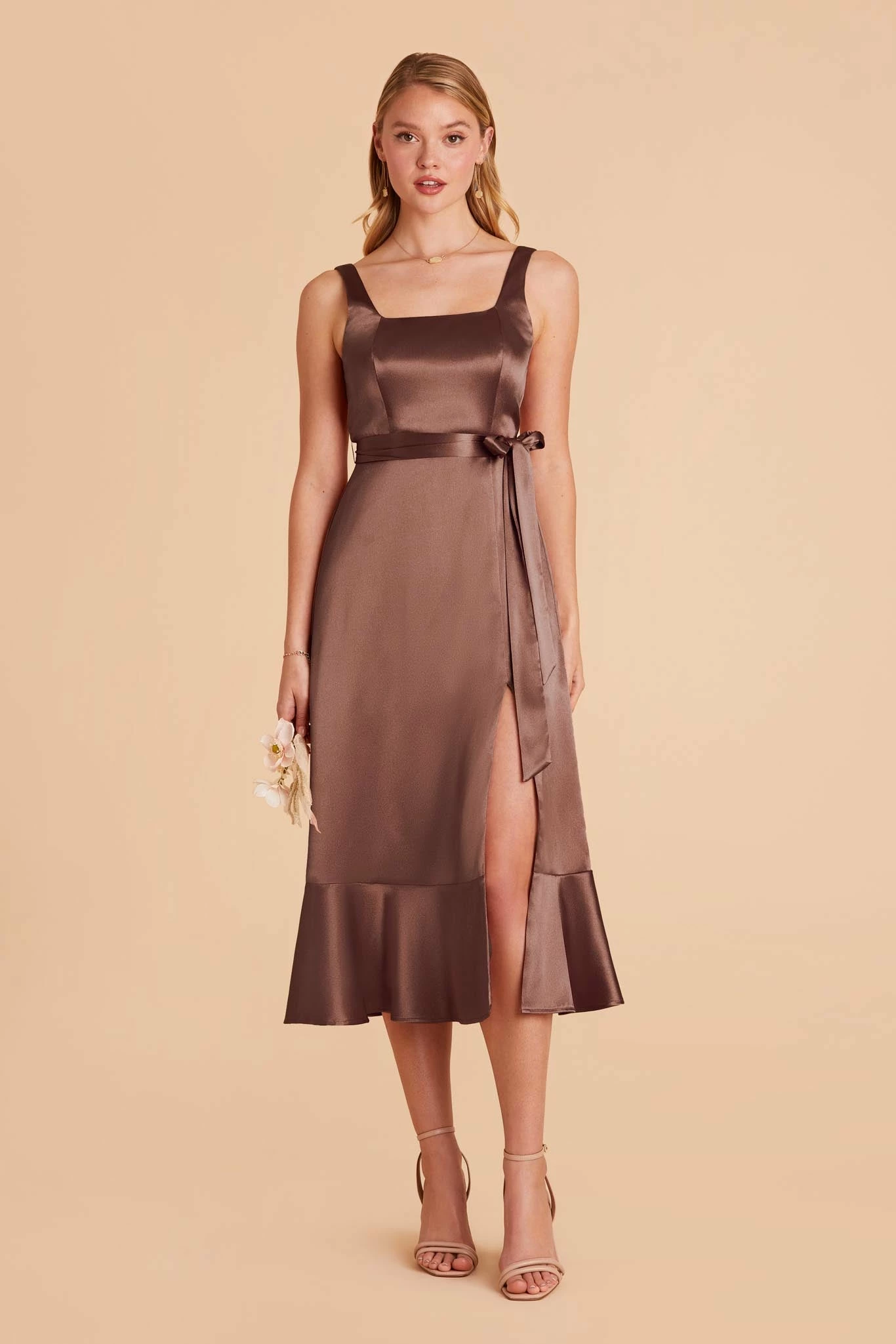 Eugenia Shiny Satin Convertible Midi Dress - Chocolate Brown 5 Eugenia Shiny Satin Convertible Midi Dress - Chocolate Brown - Image 5