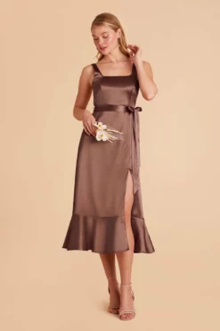 Eugenia Shiny Satin Convertible Midi Dress - Chocolate Brown