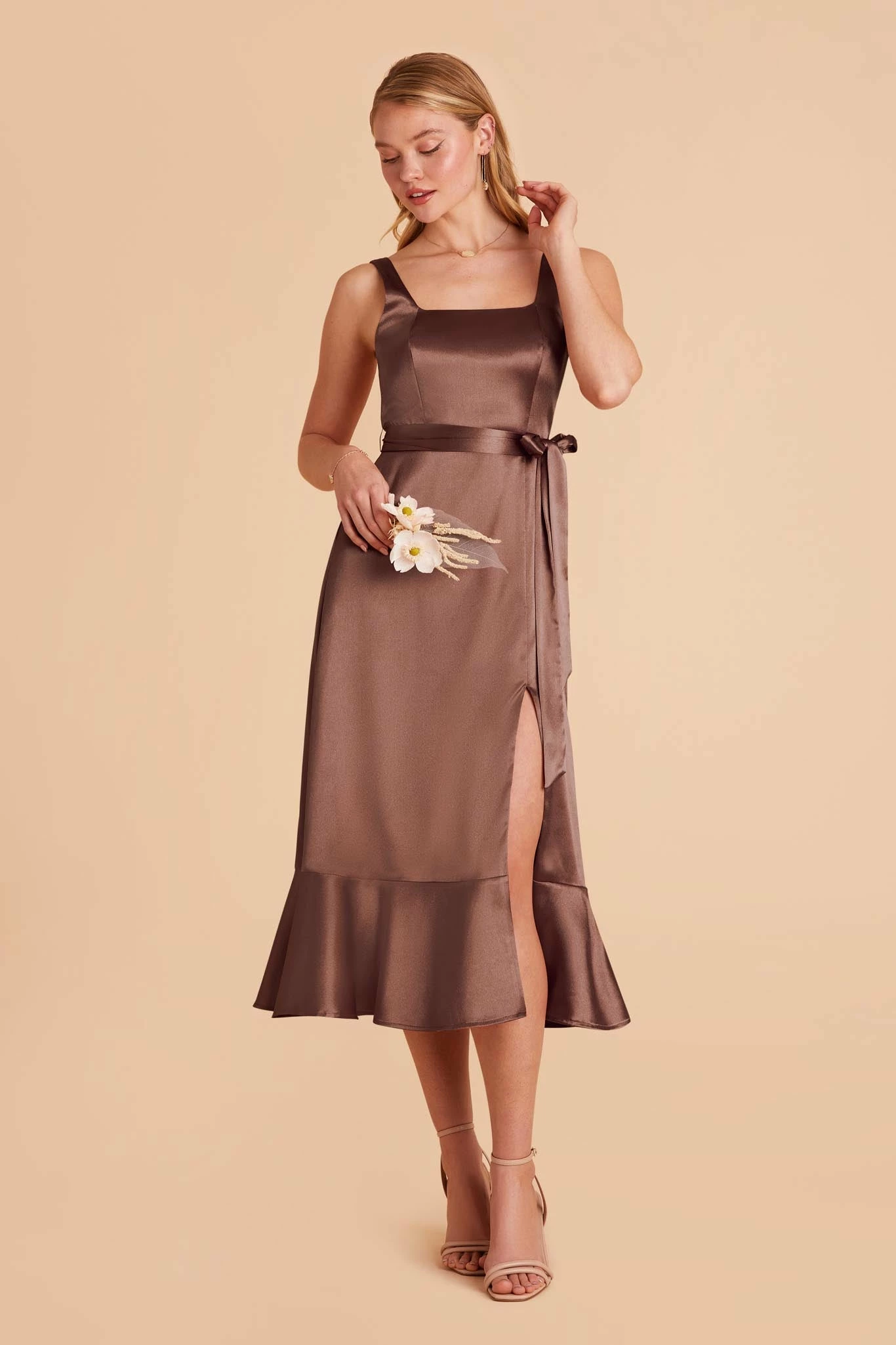 Eugenia Shiny Satin Convertible Midi Dress - Chocolate Brown 1 Eugenia Shiny Satin Convertible Midi Dress - Chocolate Brown