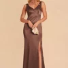 Gloria Shiny Satin Dress - Chocolate Brown