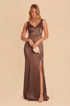 Gloria Shiny Satin Dress - Chocolate Brown