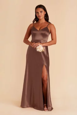 Jay Shiny Satin Dress - Chocolate Brown