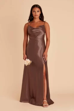 Lisa Long Shiny Satin Dress - Chocolate Brown -US Skirt Sales 2024 chocolate brown lisa slit satin bridesmaid dress 01