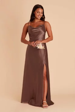 Lisa Long Shiny Satin Dress - Chocolate Brown