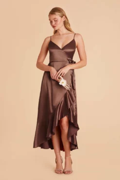 YC Shiny Satin Midi Dress - Chocolate Brown -US Skirt Sales 2024 chocolate brown yc satin bridesmaid dress 03