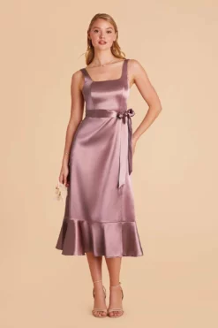 Eugenia Shiny Satin Convertible Midi Dress - Dark Mauve