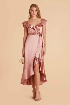 James Shiny Satin Midi Dress - Desert Rose -US Skirt Sales 2024 desert rose james satin bridesmaid dress 01