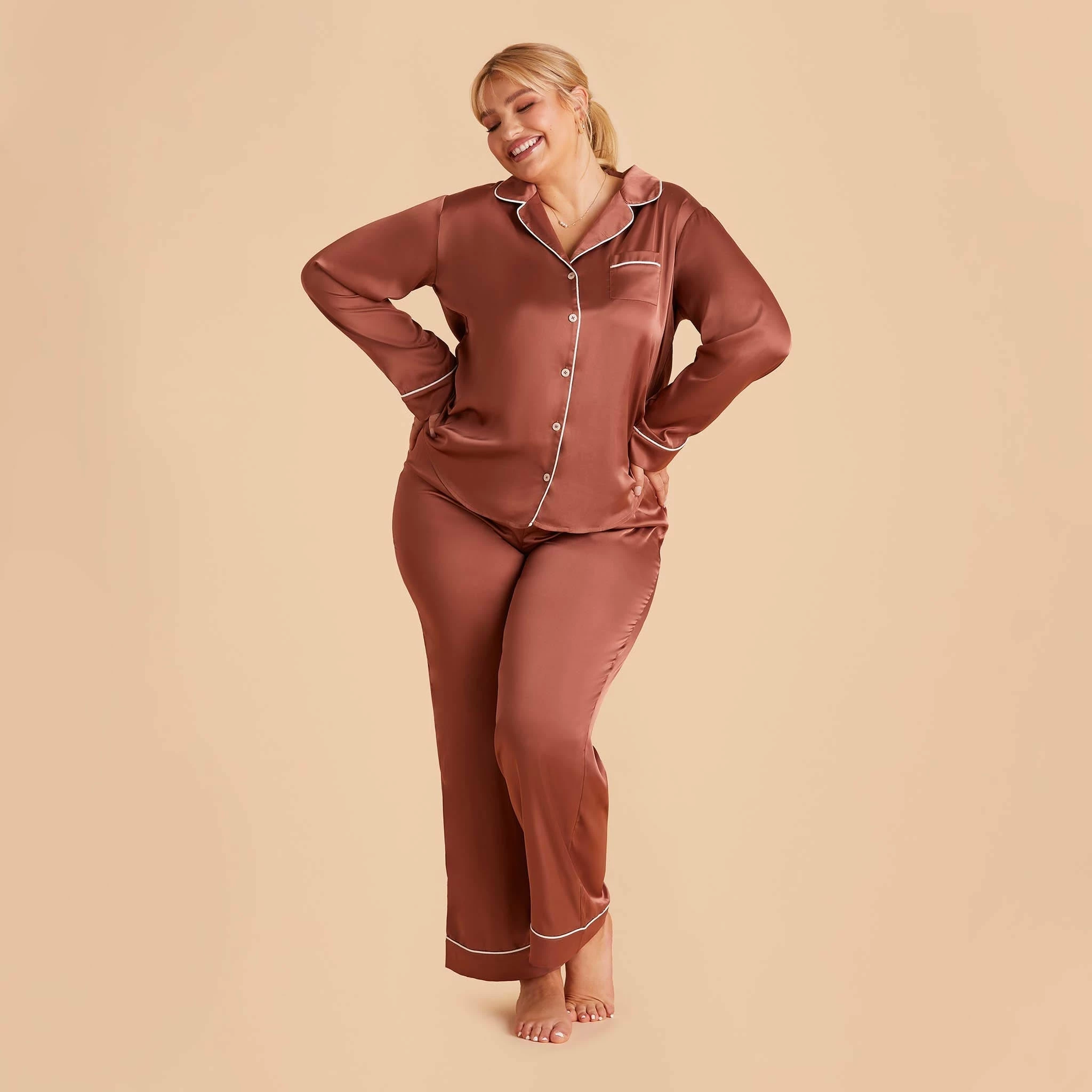 Jonny Long Sleeves And Pants Satin PJ Set - Desert Rose - Image 14