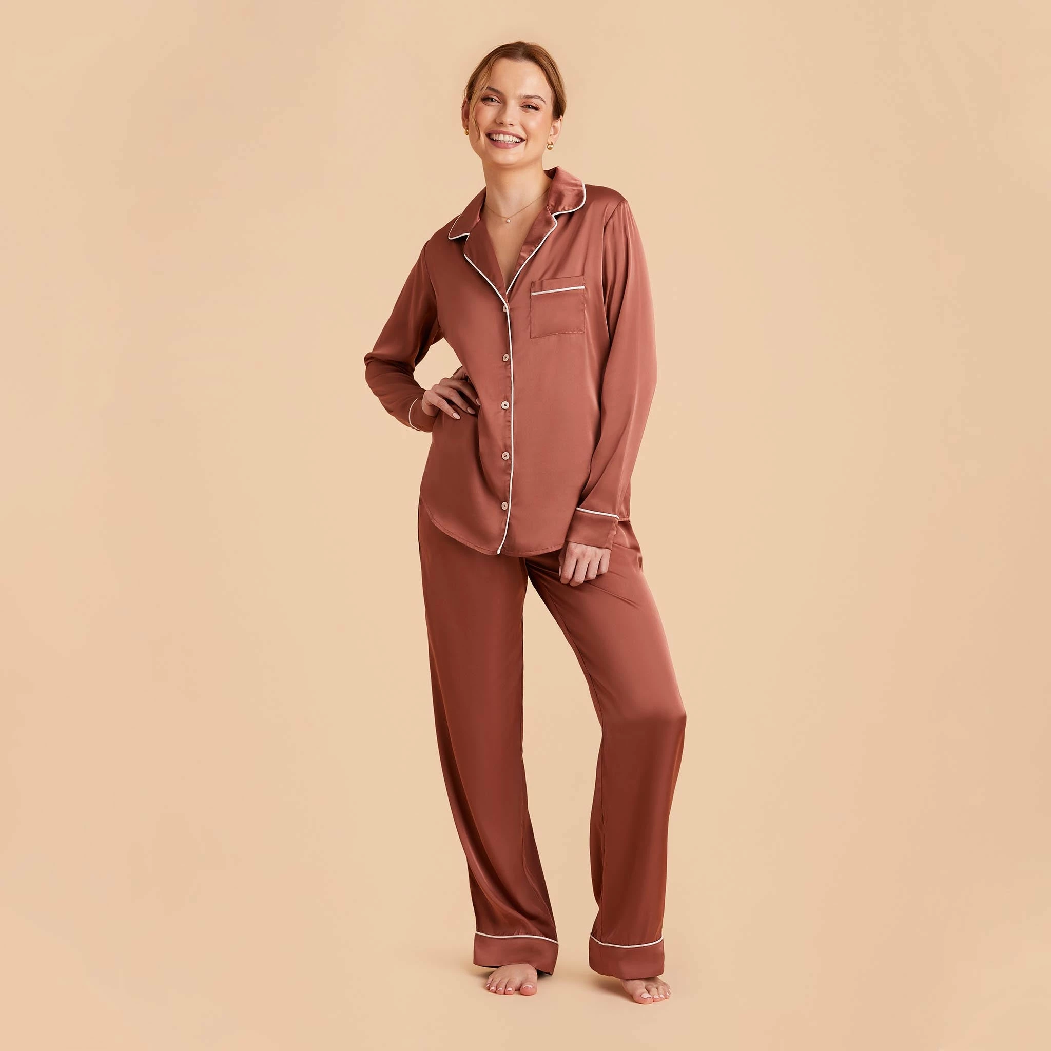 Jonny Long Sleeves And Pants Satin PJ Set - Desert Rose