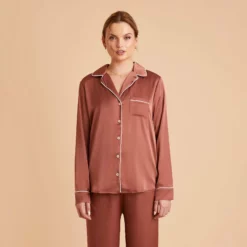 Jonny Long Sleeves And Pants Satin PJ Set - Desert Rose -US Skirt Sales 2024 desert rose jonny satin long sleeve top bridesmaid pajamas 01