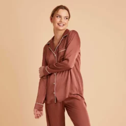 Jonny Long Sleeves And Pants Satin PJ Set - Desert Rose -US Skirt Sales 2024 desert rose jonny satin long sleeve top bridesmaid pajamas 03