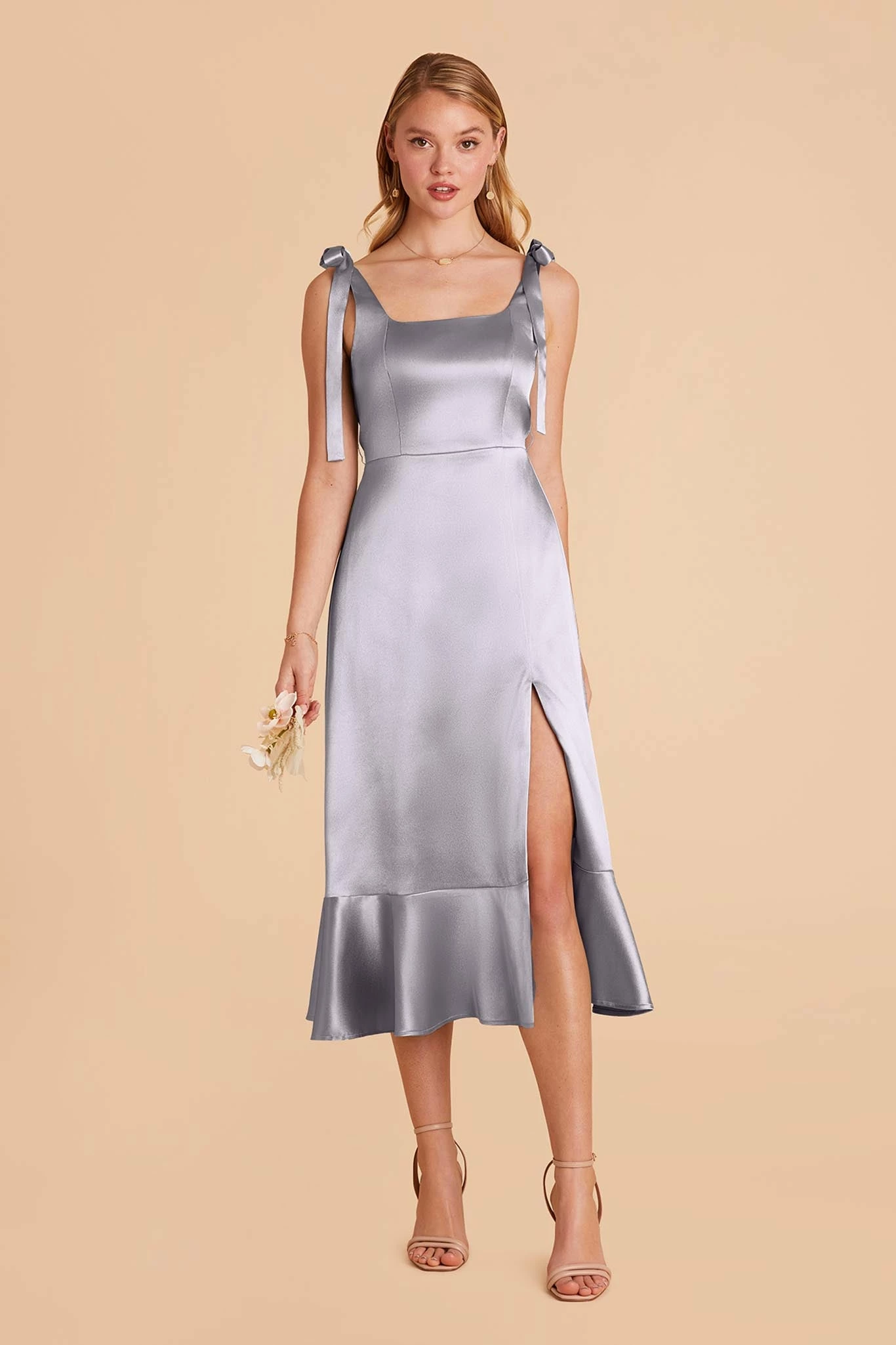 Eugenia Shiny Satin Convertible Midi Dress - Dusty Blue 2 Eugenia Shiny Satin Convertible Midi Dress - Dusty Blue - Image 2