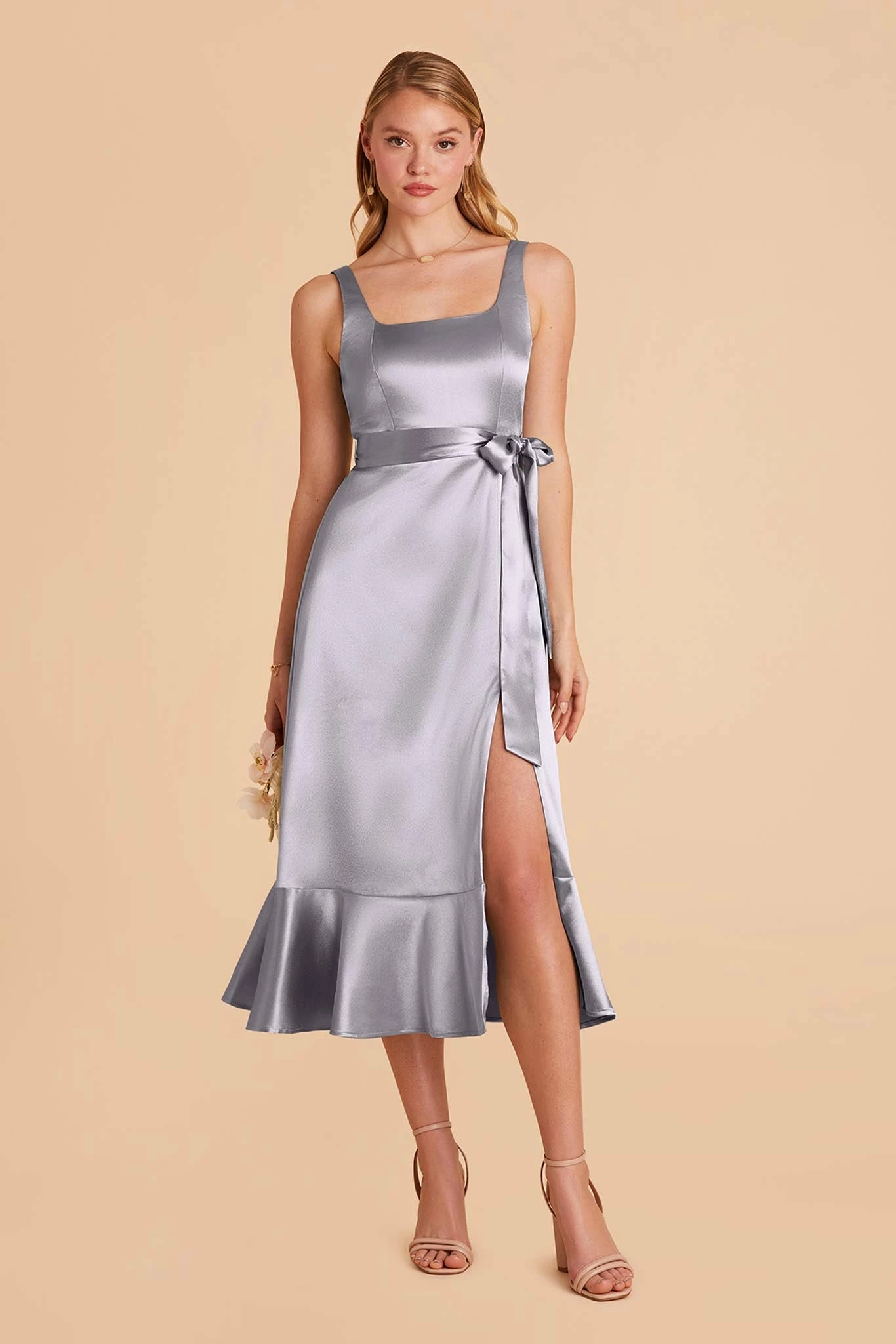 Eugenia Shiny Satin Convertible Midi Dress - Dusty Blue 3 Eugenia Shiny Satin Convertible Midi Dress - Dusty Blue - Image 3