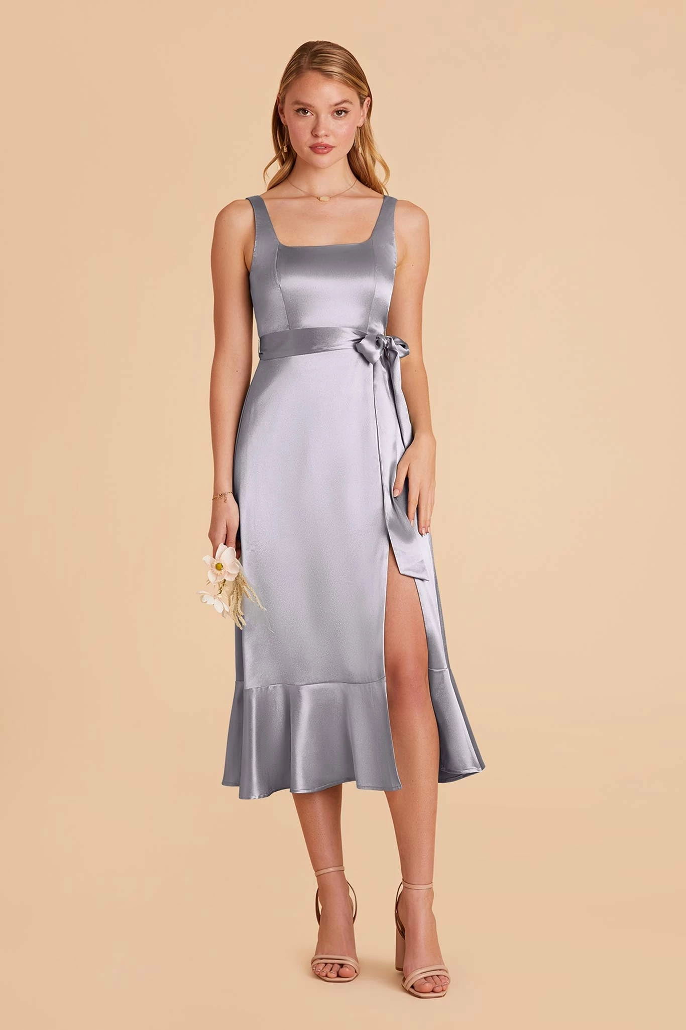 Eugenia Shiny Satin Convertible Midi Dress - Dusty Blue 5 Eugenia Shiny Satin Convertible Midi Dress - Dusty Blue - Image 5