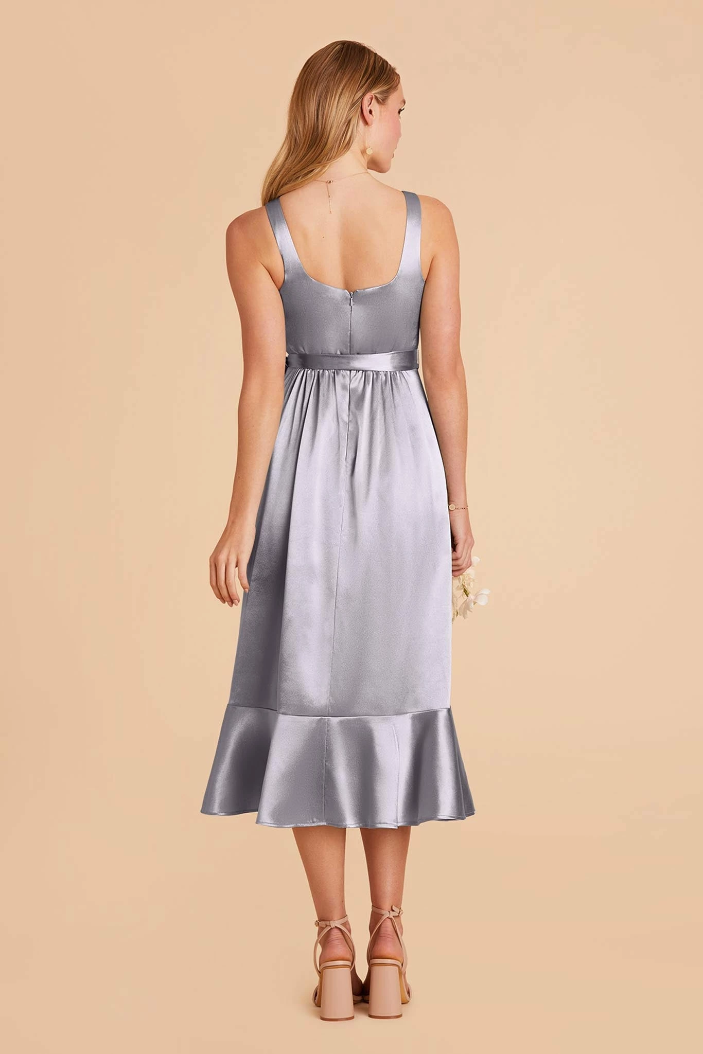 Eugenia Shiny Satin Convertible Midi Dress - Dusty Blue 6 Eugenia Shiny Satin Convertible Midi Dress - Dusty Blue - Image 6