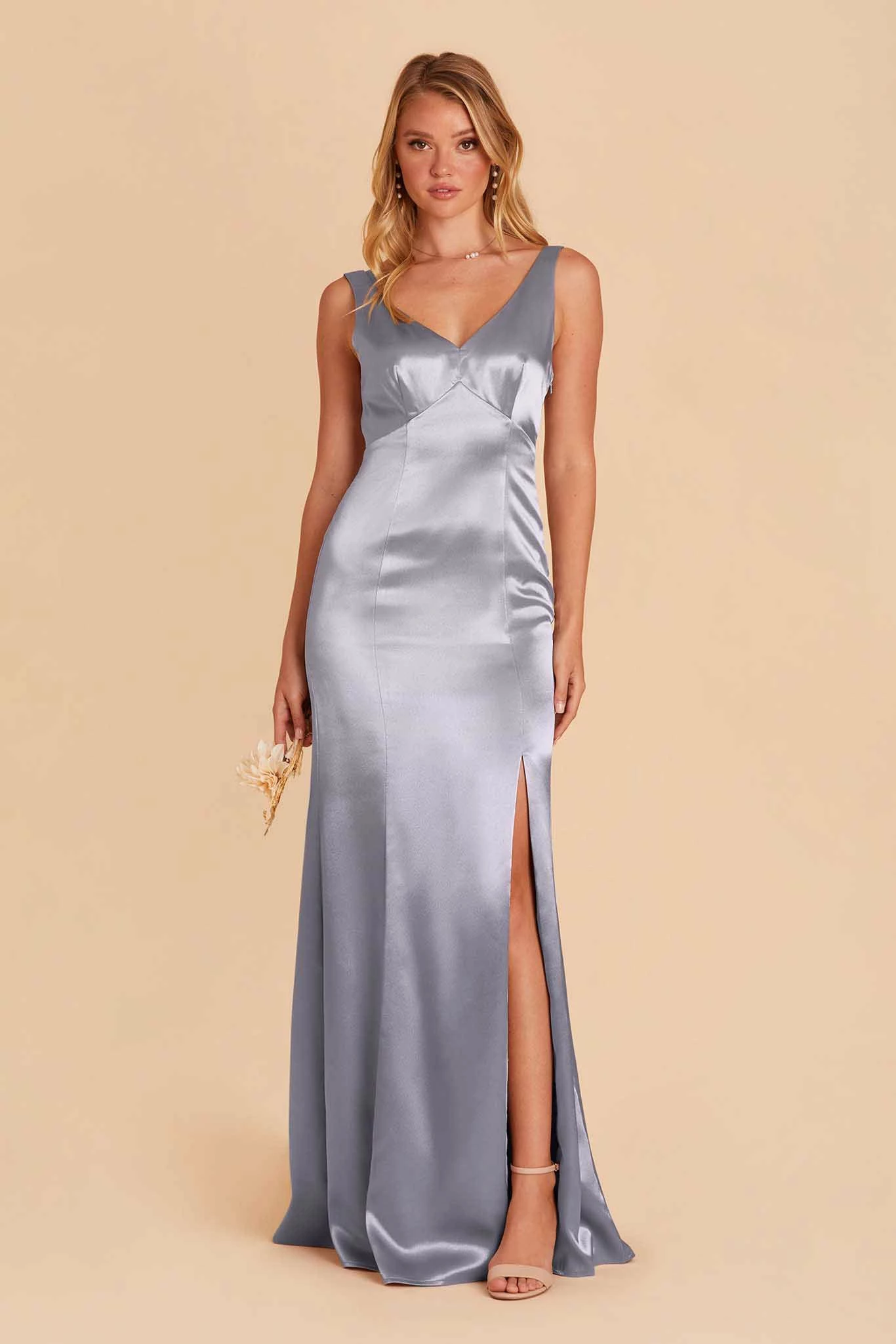 Gloria Shiny Satin Dress - Dusty Blue 1 Gloria Shiny Satin Dress - Dusty Blue