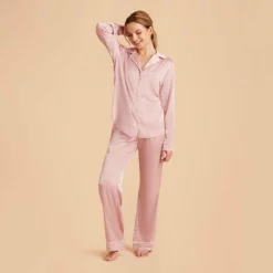 Jonny Long Sleeves And Pants Satin PJ Set - Dusty Pink