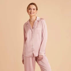 Jonny Long Sleeves And Pants Satin PJ Set - Dusty Pink 17 Jonny Long Sleeves And Pants Satin PJ Set - Dusty Pink -US Skirt Sales 2024 dusty pink jonny satin long sleeve top bridesmaid pajamas 02