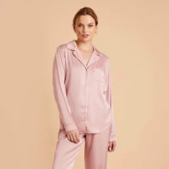 Jonny Satin Long Sleeve Pajama Top - Dusty Pink