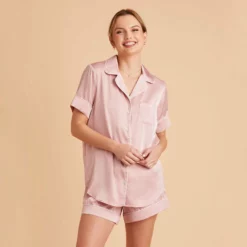 Jonny Satin Pajama Set - Dusty Pink -US Skirt Sales 2024 dusty pink jonny satin short sleeve top bridesmaid pajamas 01