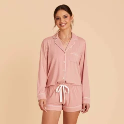 Jonny Long Sleeve Pajama Set - Dusty Rose -US Skirt Sales 2024 dusty rose jonny long sleeve bridesmaid pajama set 02