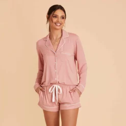 Jonny Long Sleeve Pajama Set - Dusty Rose -US Skirt Sales 2024 dusty rose jonny long sleeve bridesmaid pajama set 03