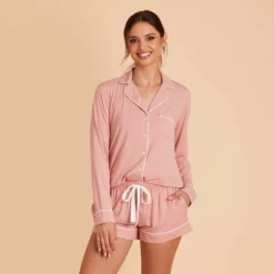 Jonny Long Sleeve Pajama Set - Dusty Rose -US Skirt Sales 2024 dusty rose jonny long sleeve bridesmaid pajama set 04