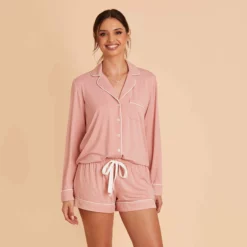 Jonny Long Sleeve Pajama Set - Dusty Rose -US Skirt Sales 2024 dusty rose jonny long sleeve bridesmaid pajama set 05