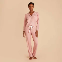 Jonny Long Sleeve Pajama And Pants Set - Dusty Rose -US Skirt Sales 2024 dusty rose jonny long sleeve pants set bridesmaid pajamas 03