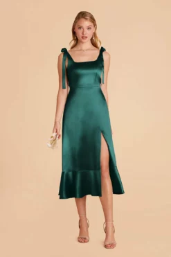 Eugenia Shiny Satin Convertible Midi Dress - Emerald