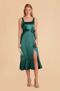 Eugenia Shiny Satin Convertible Midi Dress - Emerald -US Skirt Sales 2024 emerald eugenia convertible satin bridesmaid dress 04