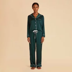 Jonny Long Sleeves And Pants Satin PJ Set - Emerald -US Skirt Sales 2024 emerald jonny satin long sleeve pants set bridesmaid pajamas 01