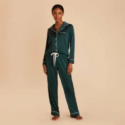 Jonny Long Sleeves And Pants Satin PJ Set - Emerald -US Skirt Sales 2024 emerald jonny satin long sleeve pants set bridesmaid pajamas 03