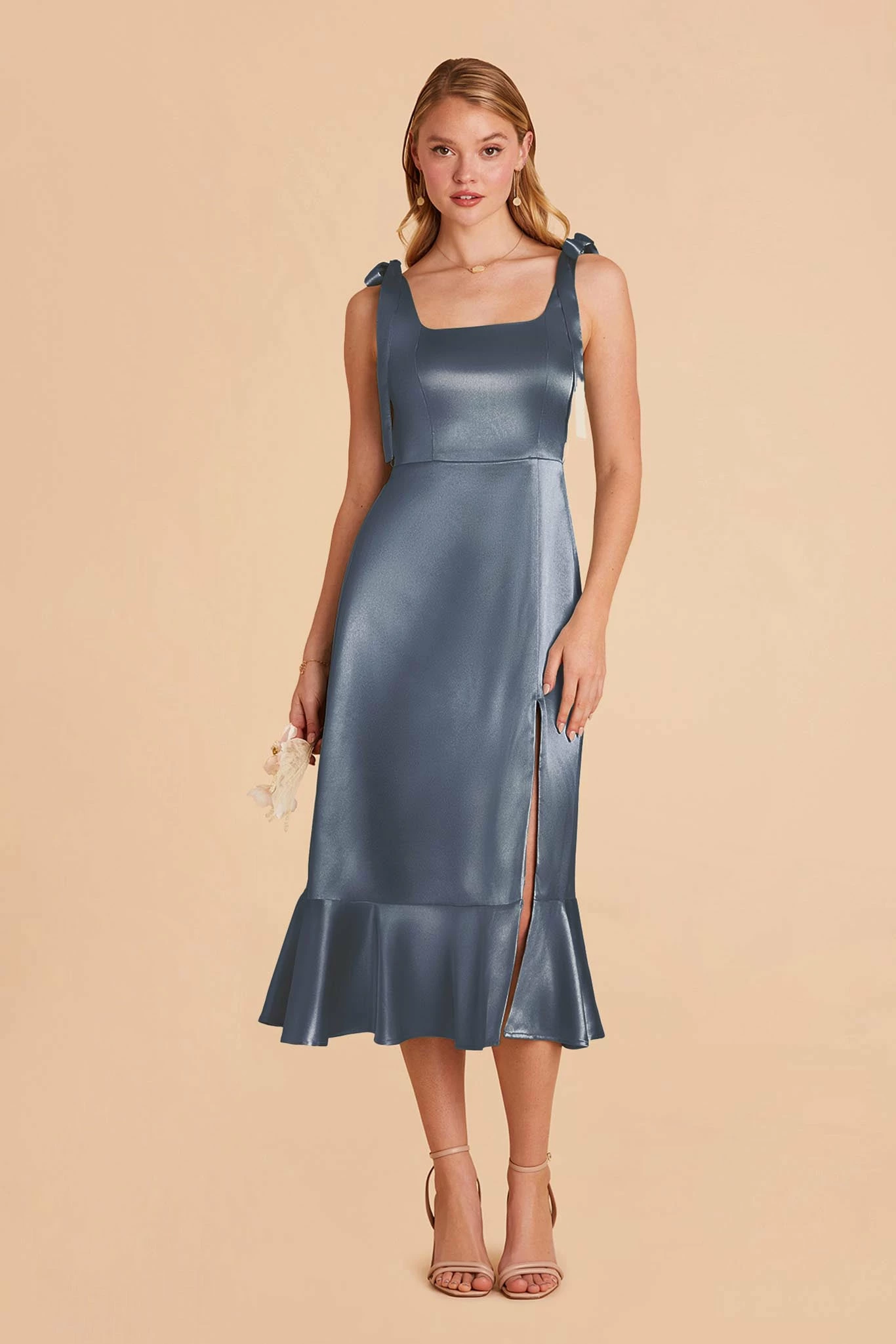 Eugenia Shiny Satin Convertible Midi Dress - French Blue 5 Eugenia Shiny Satin Convertible Midi Dress - French Blue - Image 5